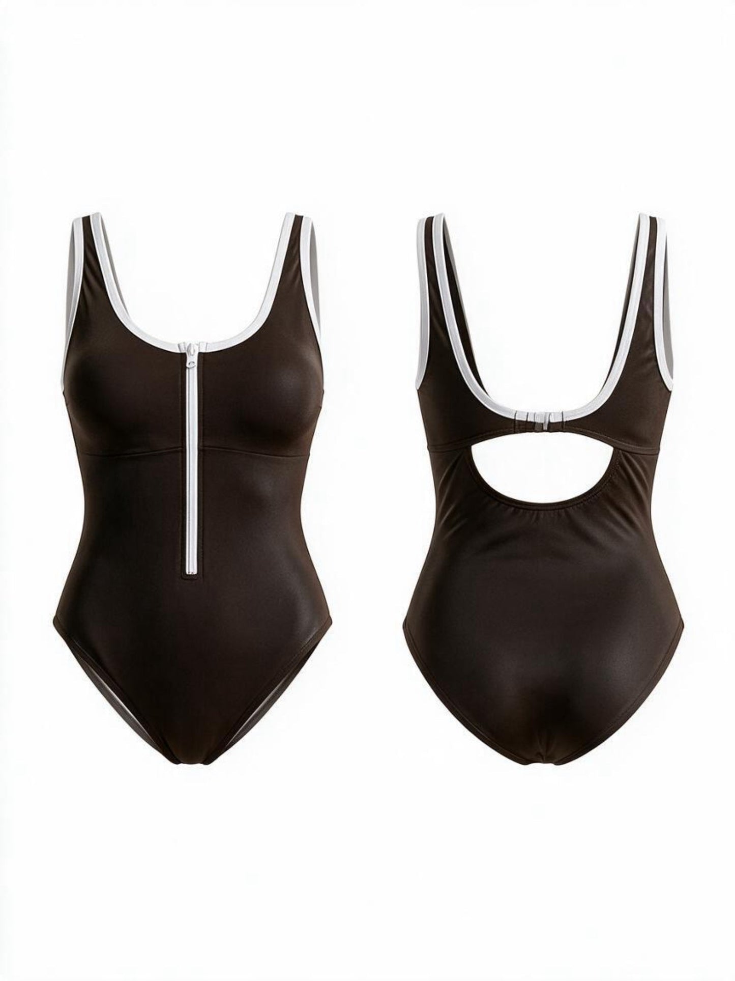 Brown White Contrast Trim Back Cutout One Piece