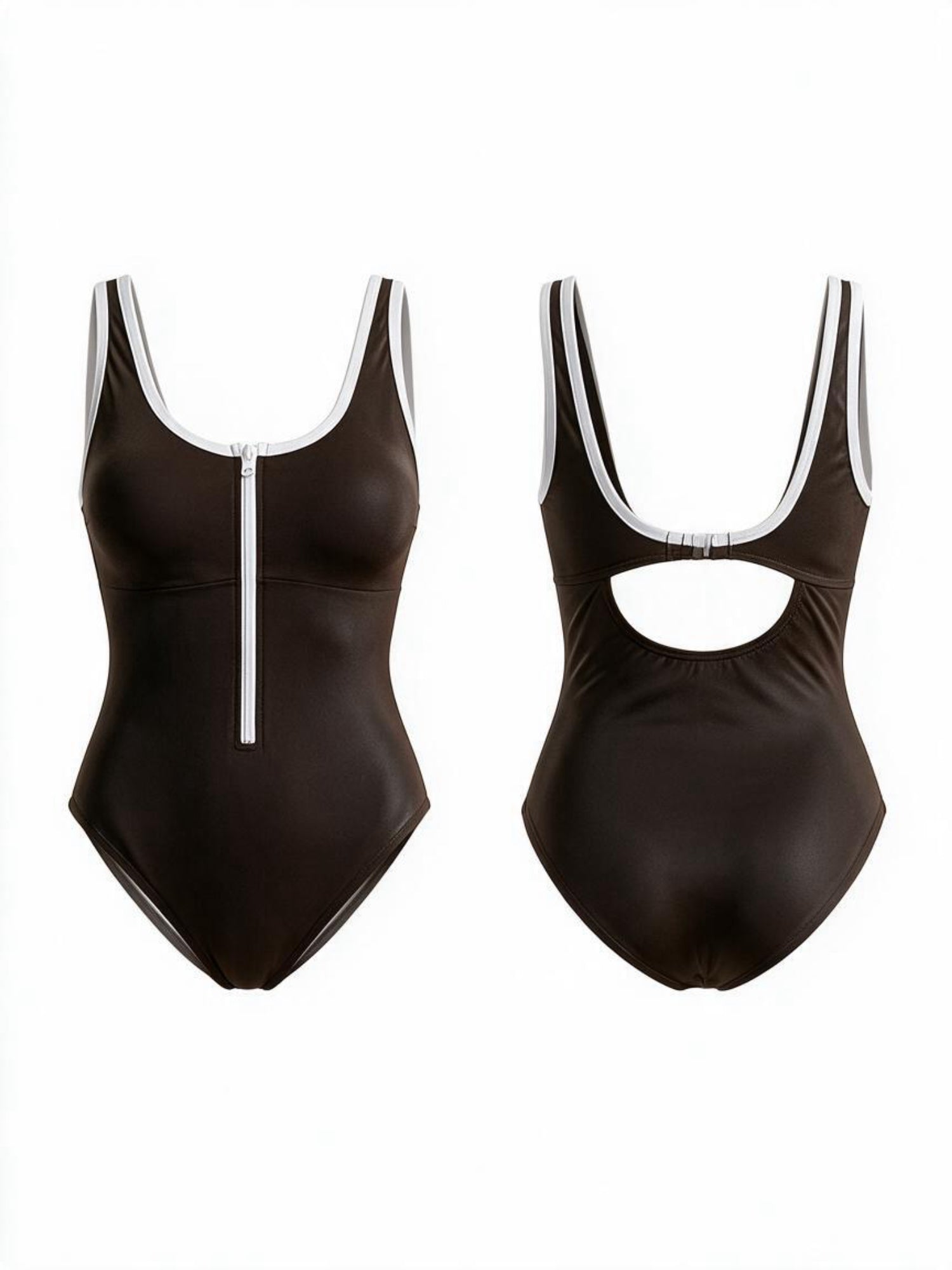 Brown White Contrast Trim Back Cutout One Piece
