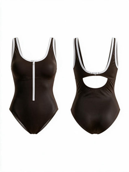 Brown White Contrast Trim Back Cutout One Piece
