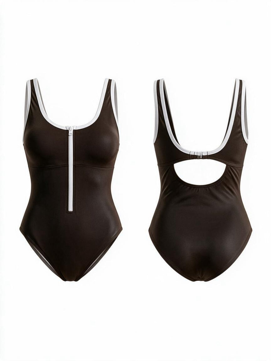 Brown White Contrast Trim Back Cutout One Piece