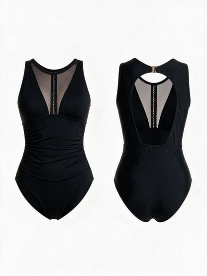 Black Mesh Panel Ruched Tummy Control One Piece
