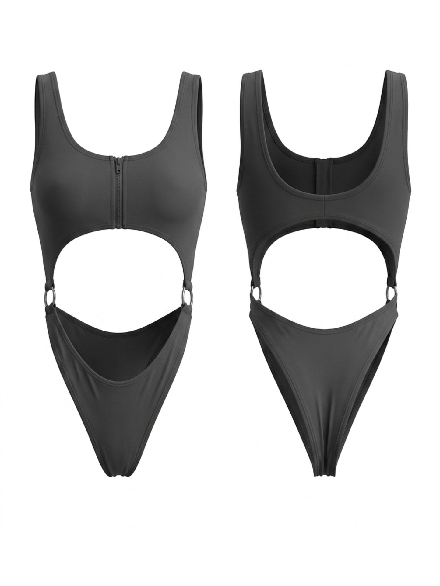Cutout Waist Front Zipper Adjustable Strap One Piece