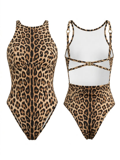 Leopard Print High Neck High Cut One Piece