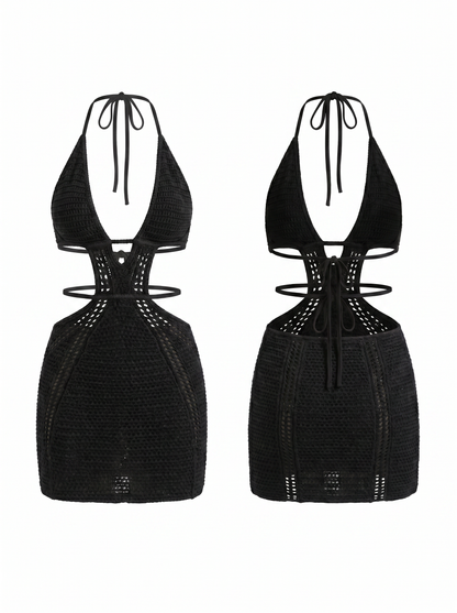 Vacation Style Sexy Halter Strapless Hollow Out Tie Dress