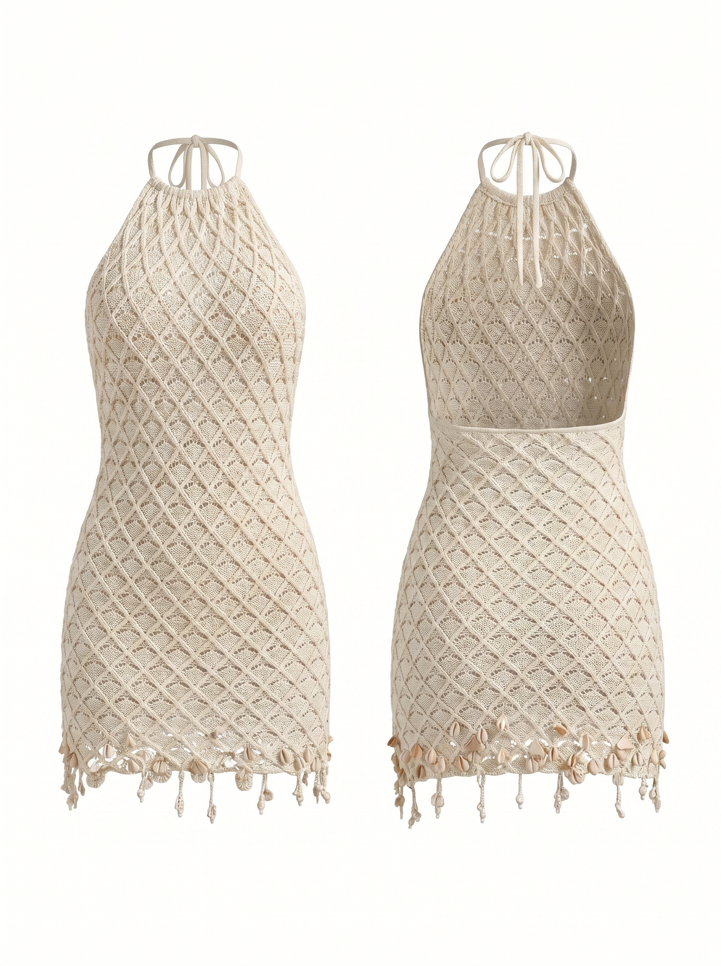 Beach Vacation Beige Crochet Halter Backless Short Dress