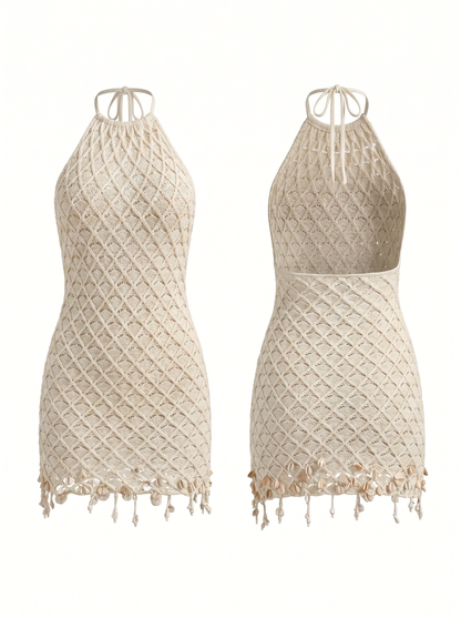 Beach Vacation Beige Crochet Halter Backless Short Dress