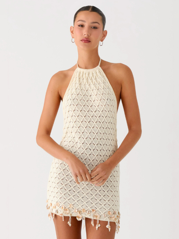 Beach Vacation Beige Crochet Halter Backless Short Dress