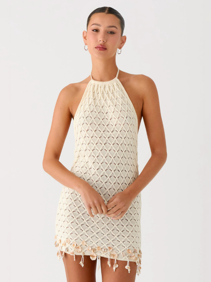 Beach Vacation Beige Crochet Halter Backless Short Dress