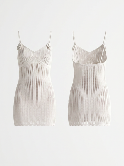 Beach Vacation Crochet 3D Flower Backless Mini Dress