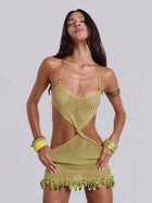 Avocado Green Crochet Halter Cutout Beach Dress with Bead Trim