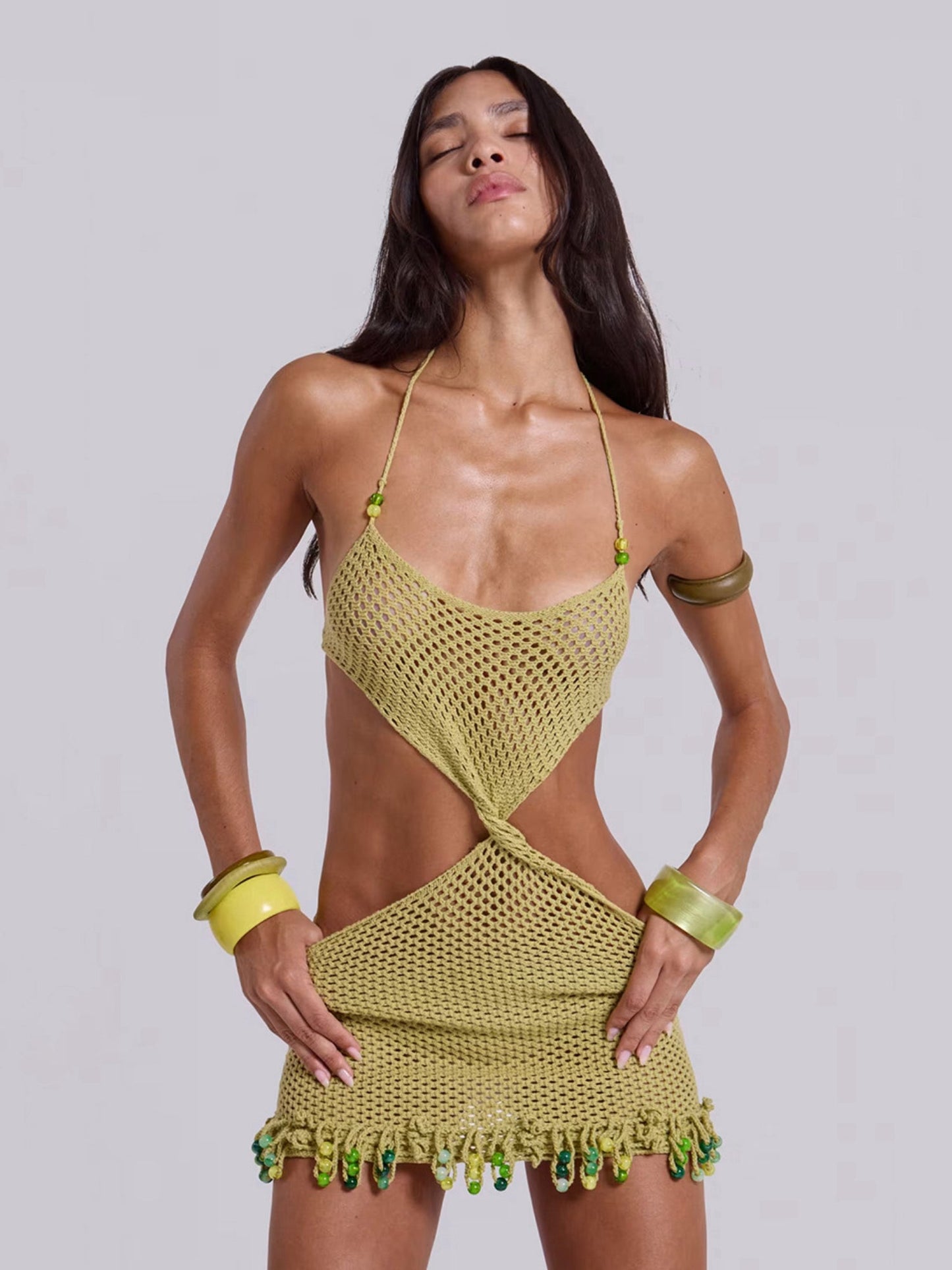 Avocado Green Crochet Halter Cutout Beach Dress with Bead Trim