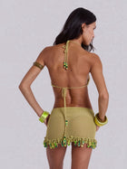 Avocado Green Crochet Halter Cutout Beach Dress with Bead Trim