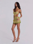 Avocado Green Crochet Halter Cutout Beach Dress with Bead Trim