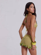 Avocado Green Crochet Halter Cutout Beach Dress with Bead Trim