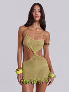 Avocado Green Crochet Halter Cutout Beach Dress with Bead Trim