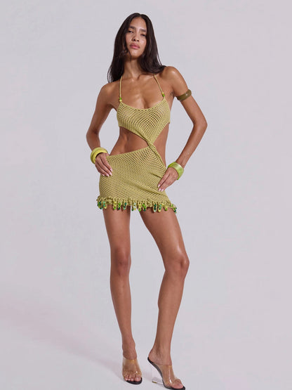 Avocado Green Crochet Halter Cutout Beach Dress with Bead Trim