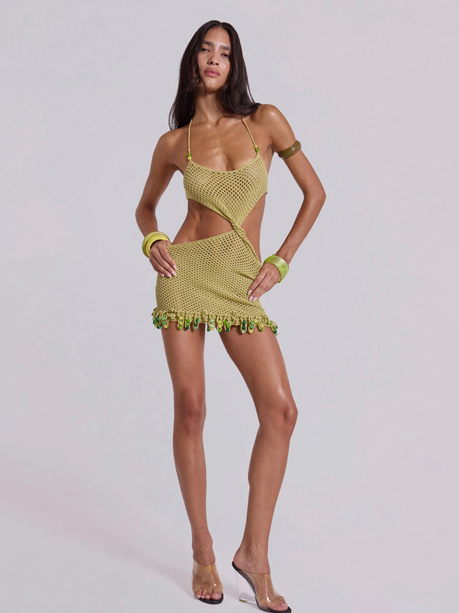 Avocado Green Crochet Halter Cutout Beach Dress with Bead Trim