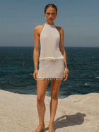 Bohemian White Crochet Halter Top & Skirt with Tassel Trim