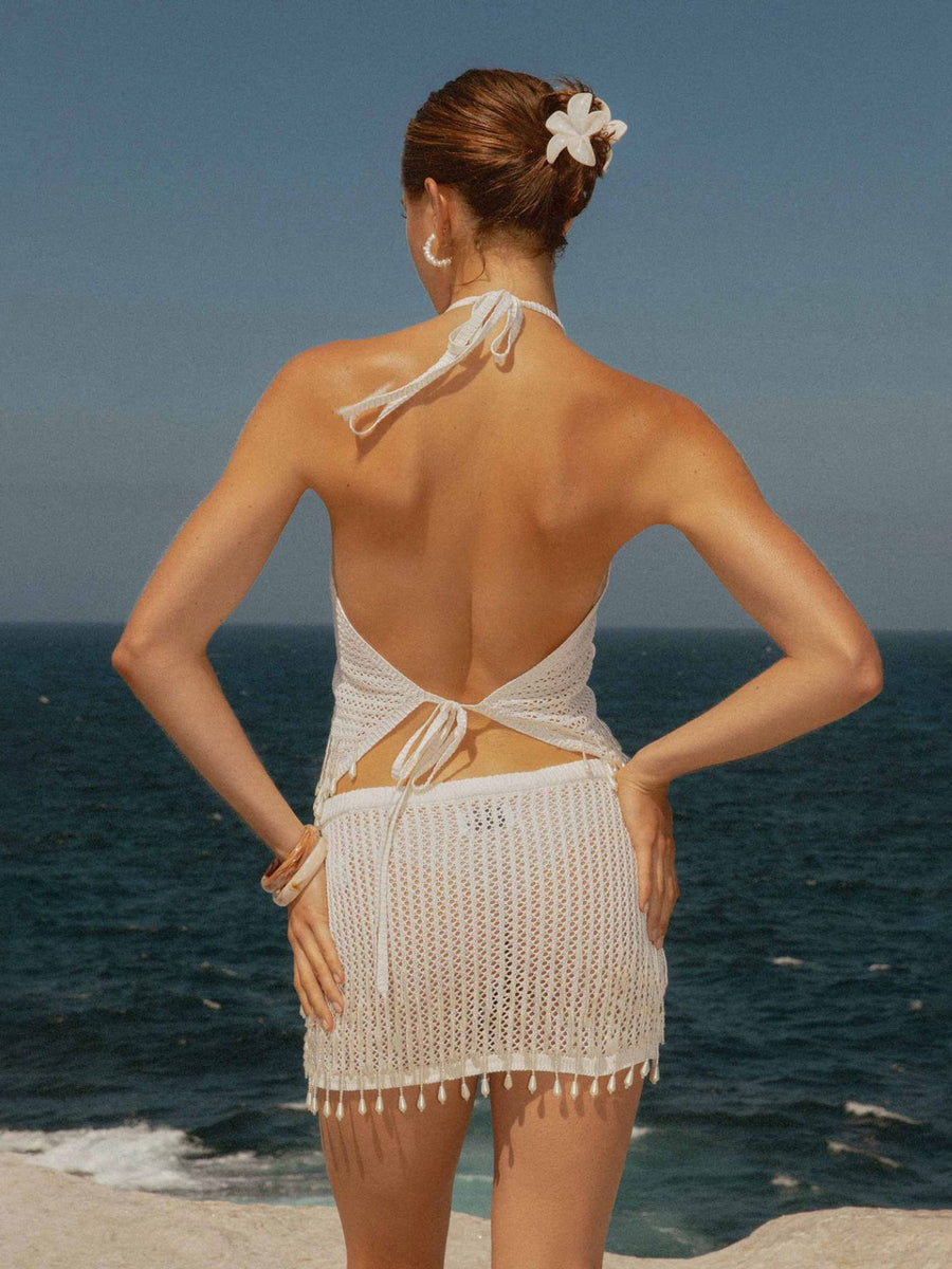 Bohemian White Crochet Halter Top & Skirt with Tassel Trim