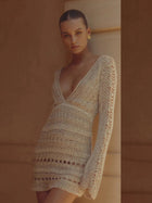 Beige Crochet Deep V-Neck Long Sleeve Cover-Up Mini Dress
