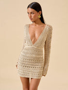 Beige Crochet Deep V-Neck Long Sleeve Cover-Up Mini Dress
