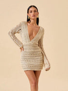 Beige Crochet Deep V-Neck Long Sleeve Cover-Up Mini Dress