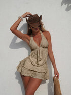White Halter Deep V-Neck Cutout Tiered Ruffle Beach Dress