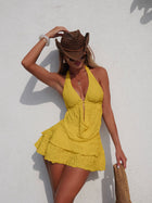 White Halter Deep V-Neck Cutout Tiered Ruffle Beach Dress