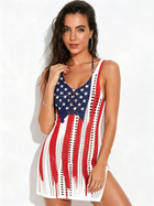 American Flag Print Crochet Mesh Sleeveless Beach Cover-Up Dress