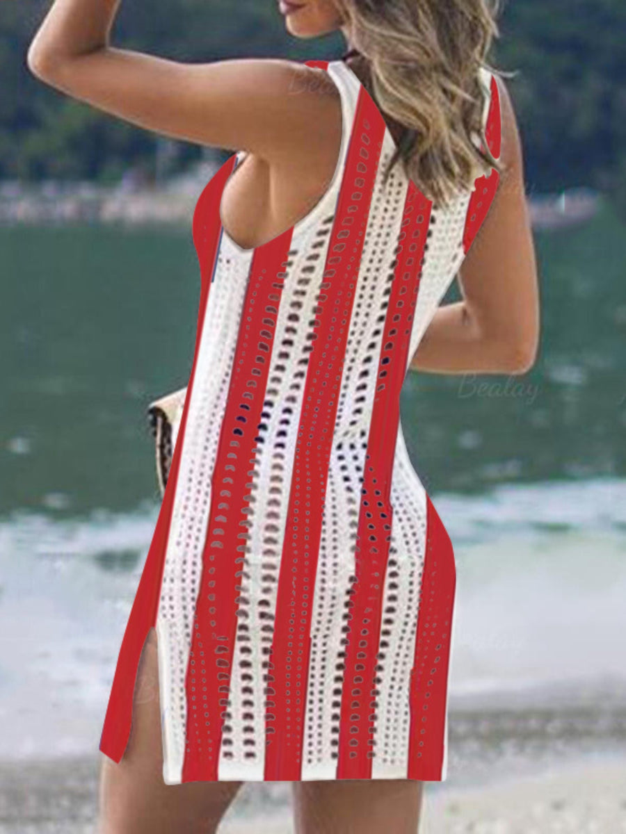 American Flag Print Crochet Mesh Sleeveless Beach Cover-Up Dress