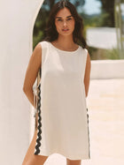 White Sleeveless Rickrack Trim Side Slit Beach Cover-Up Dress