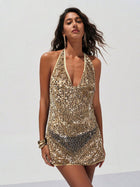 Gold Sequin Halter V-Neck Open-Back Mini Dress