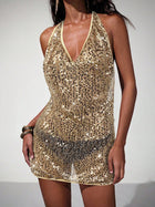 Gold Sequin Halter V-Neck Open-Back Mini Dress