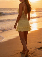 Vacation White Crochet Ruffle Trim Cutout Cover-Up Dress