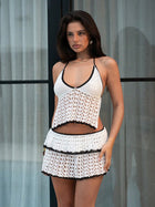Vacation Black & White Crochet Halter Cropped Top & Skirt Cover-Up Set