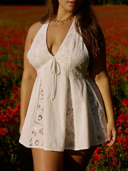 Vacation White Lace Halter Deep V-Neck Beach Cover-Up Dress