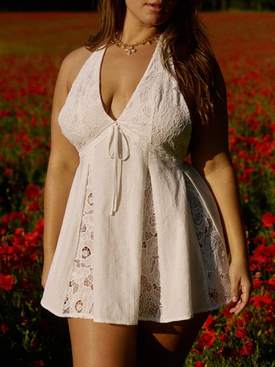 Vacation White Lace Halter Deep V-Neck Beach Cover-Up Dress