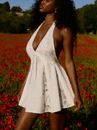 Vacation White Lace Halter Deep V-Neck Beach Cover-Up Dress