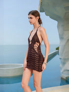 Vacation White Crochet Chevron Halter Mini Dress
