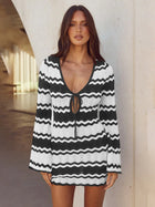 Vacation Chevron Crochet Openwork Long Sleeve Mini Dress
