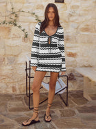 Vacation Chevron Crochet Openwork Long Sleeve Mini Dress
