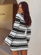 Vacation Chevron Crochet Openwork Long Sleeve Mini Dress