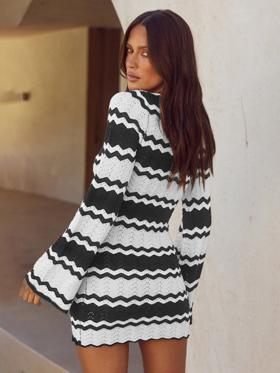 Vacation Chevron Crochet Openwork Long Sleeve Mini Dress