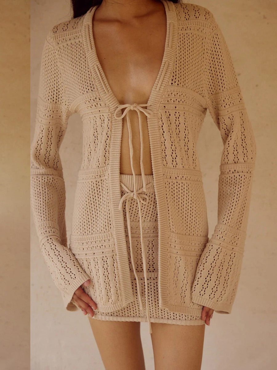 Soft Style Beige Crochet Knit Sun Protection Cardigan Set