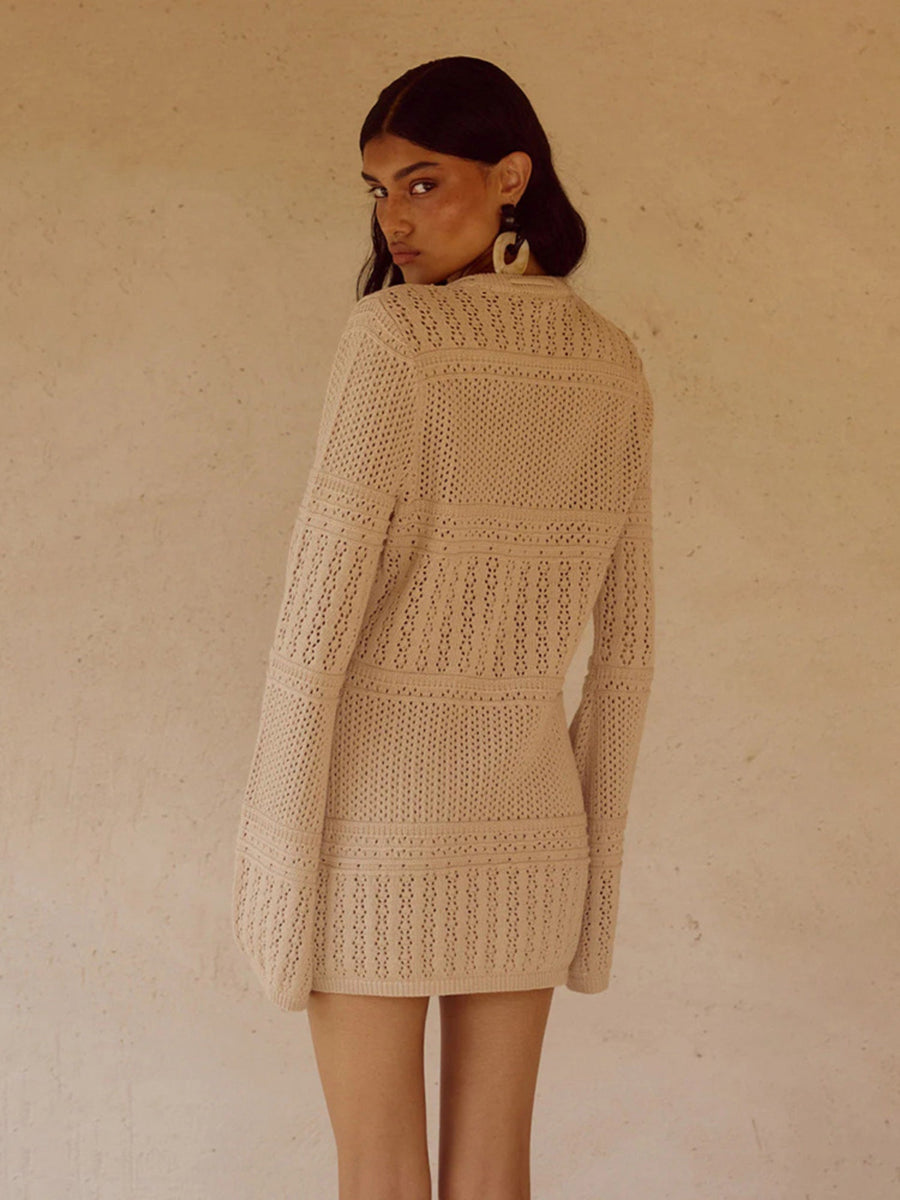 Soft Style Beige Crochet Knit Sun Protection Cardigan Set