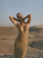 Gold Crochet Halter Deep V-Neck Fringe Slit Maxi Dress