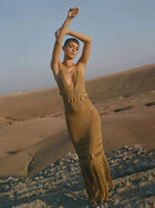 Gold Crochet Halter Deep V-Neck Fringe Slit Maxi Dress