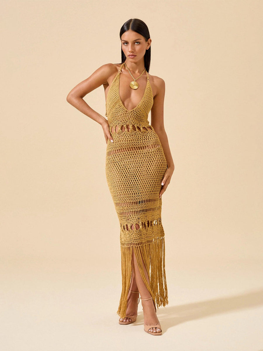 Gold Crochet Halter Deep V-Neck Fringe Slit Maxi Dress