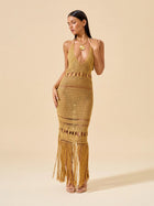 Gold Crochet Halter Deep V-Neck Fringe Slit Maxi Dress