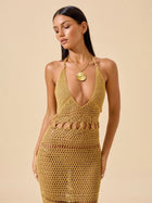 Gold Crochet Halter Deep V-Neck Fringe Slit Maxi Dress